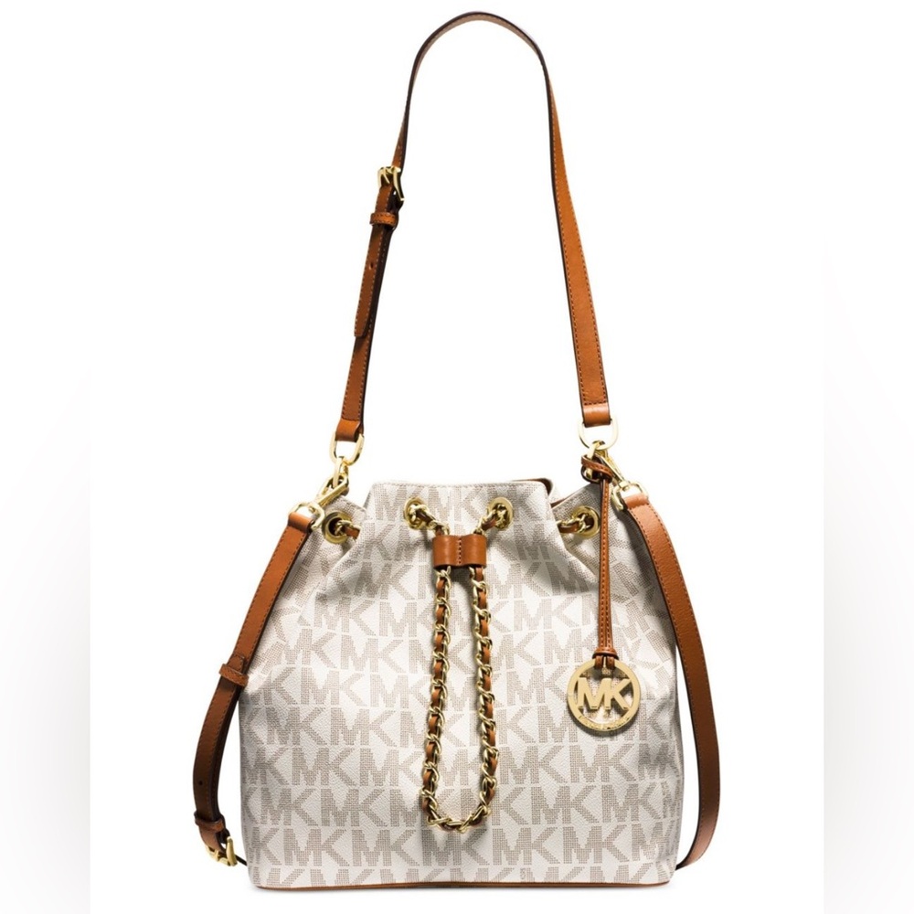 Michael Kors Cream and Brown Bucket Gold Chain Shoulder Bag